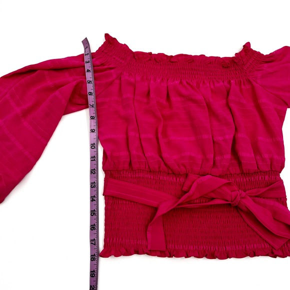 WAYF Barbie Pink Smocked Off the Shoulder Blouse Balloon Sleeves Top - Picture 10 of 12